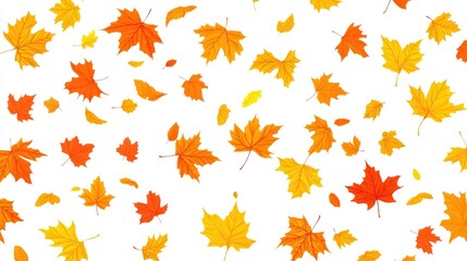 Golden Yellow And Orange Falling Maple Leaves Collection Seamless Overlay On White Background Patterns