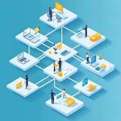 Isometric illustration of a network of people connected by technology and data flow