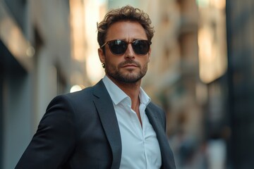 Fototapeta premium A businessman in the city, wearing sunglasses, stands confidently while gazing off into the distance, away from the camera........