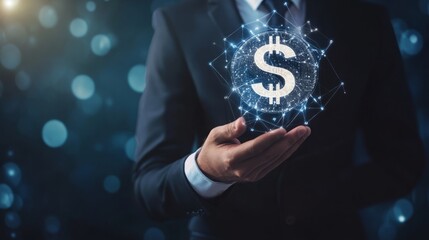 Businessman Holding a Holographic Dollar Sign in His Hand, Symbolizing Digital Currency and Financial Wealth. Ideal for Finance, Business, and Technology Content, Emphasizing Digital Money and Innovat