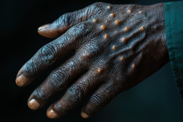 A close-up of a black person’s hand displaying visible signs of monkeypox symptoms
