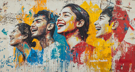 Graffiti image of a youth from "Andhra Pradesh", an Indian state on a colorful backwall of city streets, Concept of promoting Indian States and Indian youth with modern art	