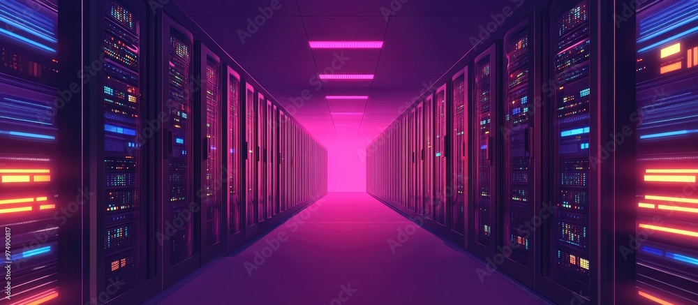 Poster colorful data center technology background with server lights and tabs
