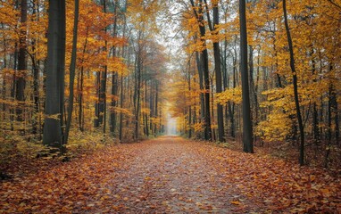 A tranquil forest path adorned with vibrant autumn leaves in a serene golden-hued woodland setting