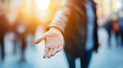 A professional HR recruiter reaches out with an inviting handshake, symbolizing new opportunities, trust, and a welcoming work environment. The background is blurred, emphasizing the gesture of connec