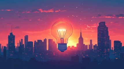 Lightbulb Illuminated Against A Vibrant City Skyline At Dusk Representing Innovative Ideas And Creativity In Urban Development