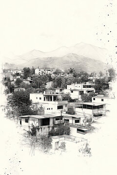 Villa Nueva, Guatemala, black and white pen pencil hand-drawn effect portrait drawing illustration for travel poster, card, wallpaper, backdrop or banner. Modern, clear, artistic and simple