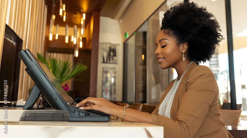 Aufkleber smiling woman working on a computer in an office setting.