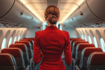 Fototapeta premium A flight attendant in a vibrant red uniform walks down the airplane cabin, seen from behind, embodying concepts of travel, service, and transportation........