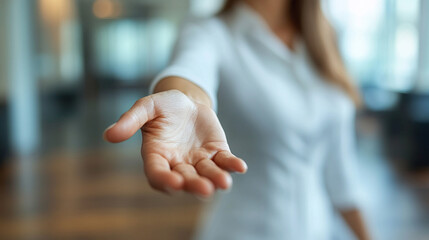 A professional HR recruiter reaches out with an inviting handshake, symbolizing new opportunities, trust, and a welcoming work environment. The background is blurred, emphasizing the gesture of connec