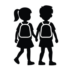 Obraz premium two Happy siblings Children with backpacks going to the school, vector silhouette 