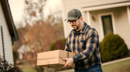 A delivery man carries a package to a customer's doorstep.