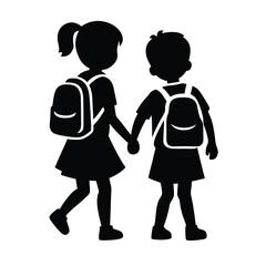 Fototapeta premium two Happy siblings Children with backpacks going to the school, vector silhouette 