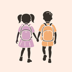Fototapeta premium two Happy siblings Children with backpacks going to the school, vector silhouette 