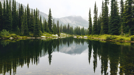 Tranquil lake reflecting evergreen trees in a misty mountain landscape during early morning