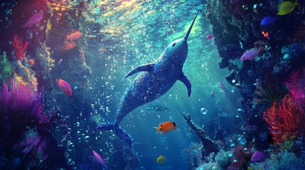 Fototapeta premium A blue and white swordfish swims through a vibrant coral reef, surrounded by colorful fish and bubbles.