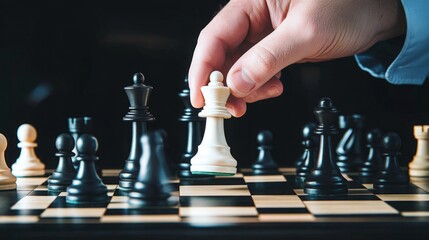 Close-Up of a Hand Moving a White Chess Piece on an Elegant Black and Cream-Colored Wooden Board, Highlighting Intricate Details and Strategic Elements. The Sharp Focus Captures the Texture and Lighti