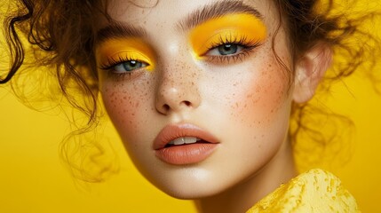 Yellow aesthetic makeup look with bold colors, expressive and artistic,