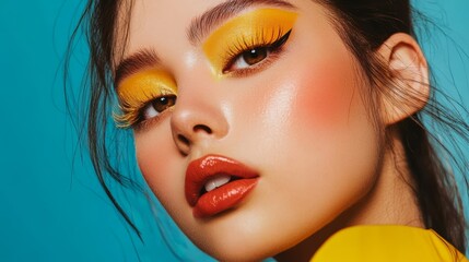 Yellow aesthetic makeup look with bold colors, expressive and artistic,