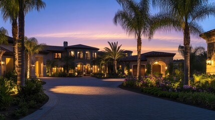 Luxurious Mediterranean Villa Exterior at Dusk with Warm Lighting, Showcasing Elegant Architecture and Upscale Living. A Stunning Real Estate Presentation Featuring a Modern Mansion with Palm Trees, L
