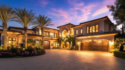 Naklejka premium Luxurious Mediterranean Villa Exterior at Dusk with Warm Lighting, Showcasing Elegant Architecture and Upscale Living. A Stunning Real Estate Presentation Featuring a Modern Mansion with Palm Trees, L