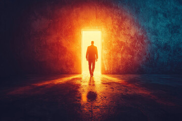 A person stepping through doorway into bright light, symbolizing hope and new beginnings. warm glow contrasts with dark surroundings, creating powerful emotional impact