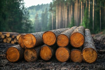A wide banner or panorama showcasing a pile of log trunks, highlighting the timber harvesting process in the forest and the logging industry........