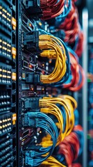 A server room featuring numerous wires tangled around the data processing rack, illustrating the complexity of the setup........