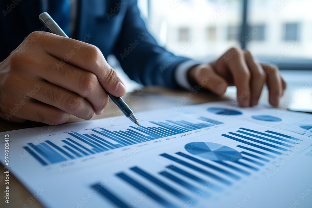 Poster a professional man is analyzing business graphs and charts, focusing on data trends and insights. hi