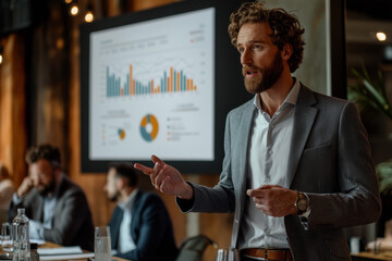 A professional man presenting graph during business meeting, showcasing data analysis and insights. atmosphere is focused and collaborative, highlighting teamwork and strategy