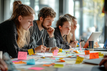 Fototapeta premium Collaborative brainstorming session with group of people engaged in creative work around table filled with colorful sticky notes and papers. atmosphere is focused and dynamic, showcasing teamwork and