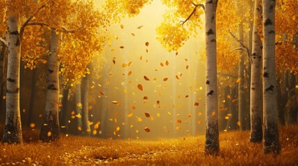 Fototapeta premium Yellow autumn leaves falling from trees, serene forest scene,