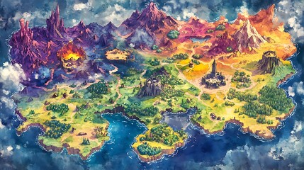 Fantasy world map with different biomes, mountains, oceans, and castles. Perfect for game design, fantasy art, and adventure stories.