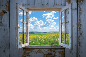 A serene view through an open window reveals vibrant field of flowers under bright blue sky with fluffy clouds. gentle breeze brings sense of tranquility and connection to nature