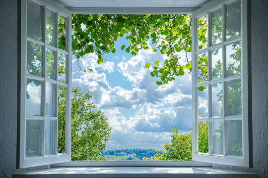 Fototapeta A serene view through an open window with gentle breeze blowing in, showcasing lush green leaves and bright blue sky filled with fluffy clouds. scene evokes sense of tranquility and connection to natu