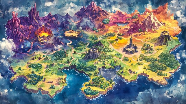 Fantasy world map with different biomes, mountains, oceans, and castles. Perfect for game design, fantasy art, and adventure stories.