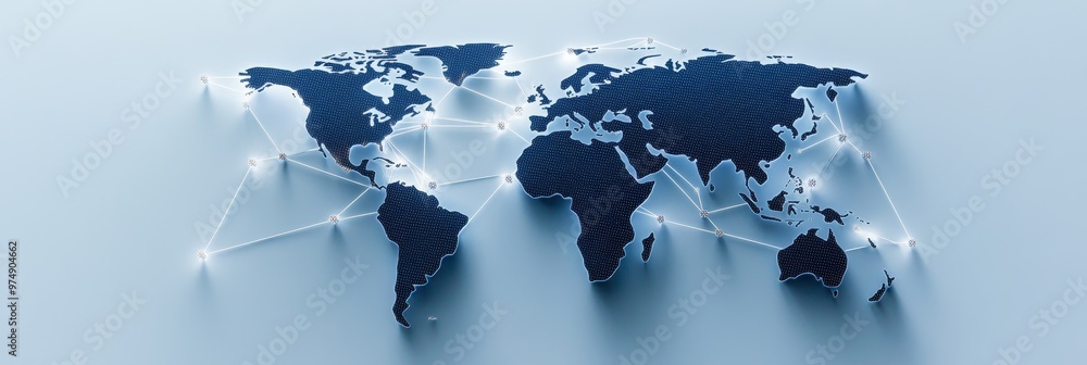 Poster a 3d map of the world with interconnected lines symbolizing global business connections, trade, comm