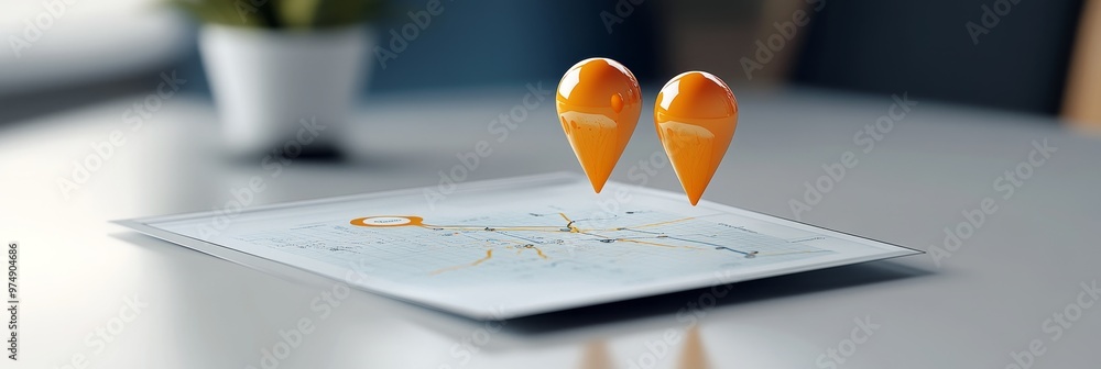 Poster a 3d illustration depicting two orange pinpoints hovering above a map representing the concept of co