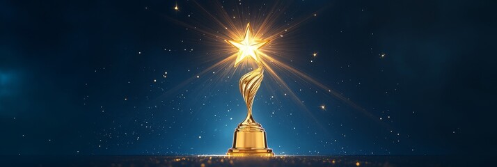 A 3D illustration of a golden trophy with a star on top, shining brightly against a dark blue background, symbolizing achievement, success, excellence, leadership, and victory.