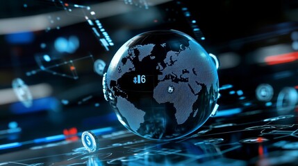 Fototapeta premium A 3D of a globe on a digital background, symbolizing global business, finance, connectivity, technology, and growth.