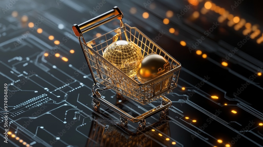 Poster a blockchain-based platform ensuring secure transactions, symbolized by a shopping cart with golden 