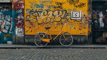Naklejka premium Yellow bicycle parked against a graffiti-covered wall, street style,