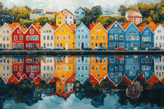 A scenic street lined with colorful Scandinavian-style houses, with their vibrant facades beautifully reflected in a nearby river..