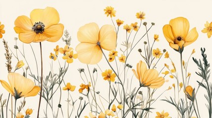 Yellow botanical illustration with detailed flowers, elegant and natural,