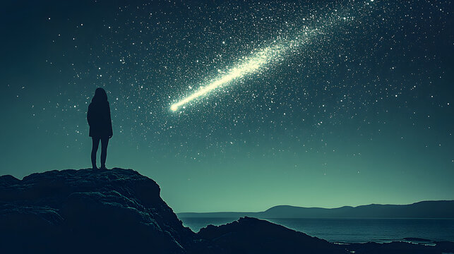 Persona mira un cometa en el cielo desde lo alto de una monta&ntilde;a