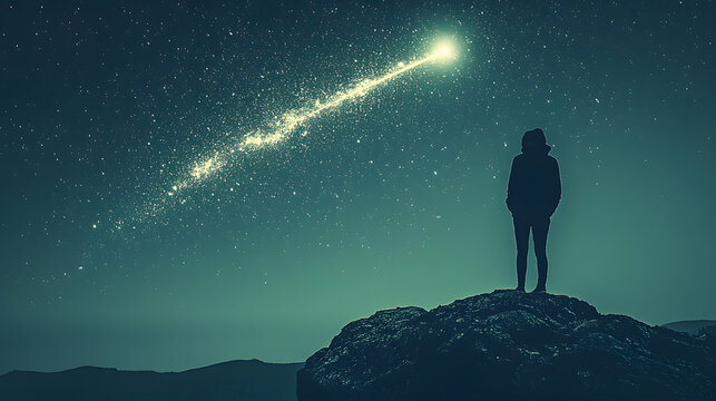Persona mira un cometa en el cielo desde lo alto de una monta&ntilde;a