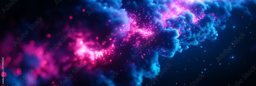 Poster a captivating abstract image of a nebula in deep space, showcasing swirling clouds of pink and blue 