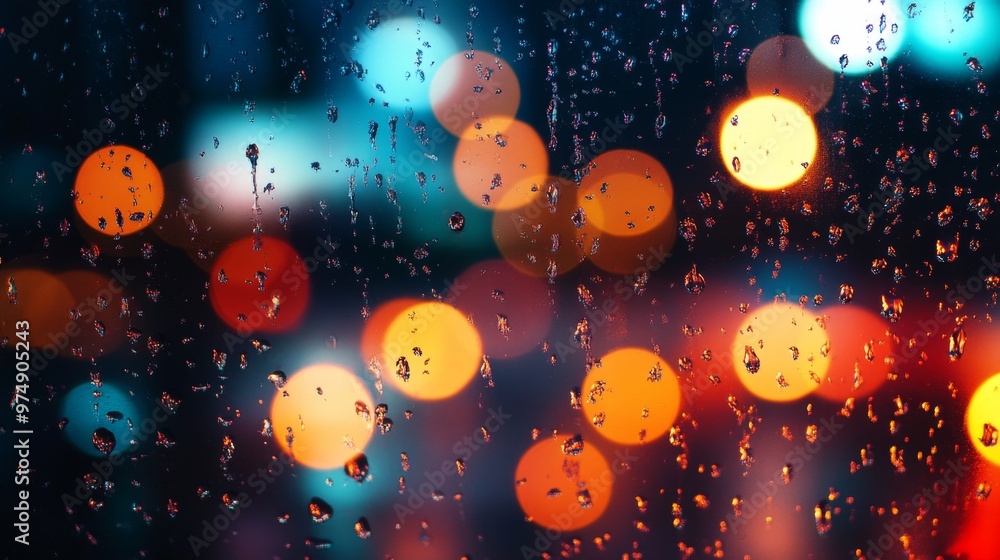 Poster a captivating abstract image of city lights blurred through raindrops, creating a dreamy and colorfu