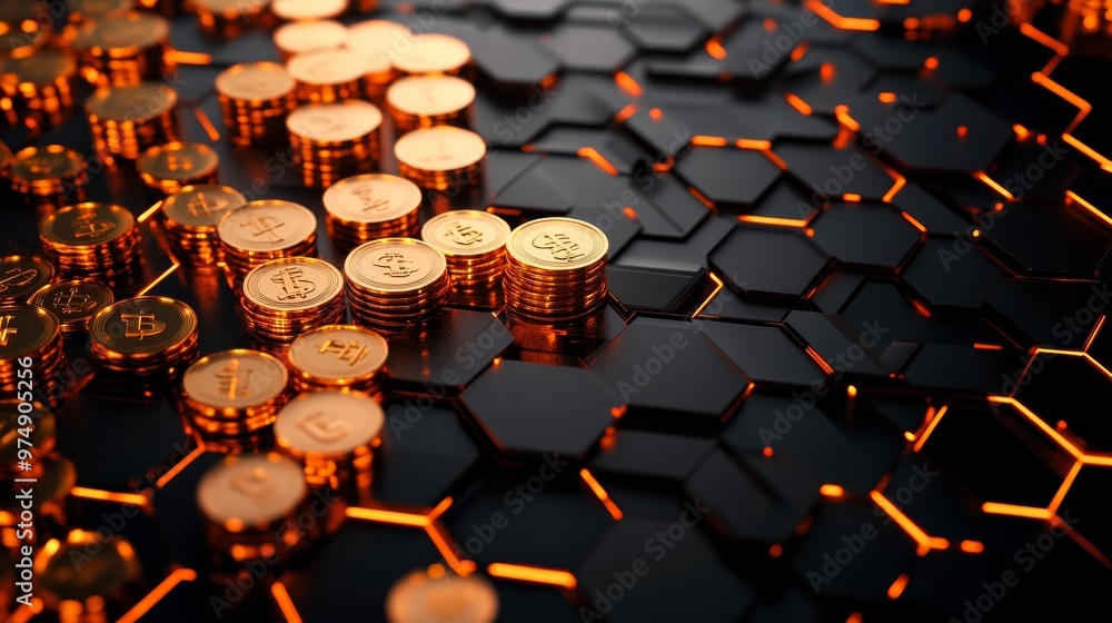 Poster a captivating image of golden coins stacked on a hexagonal pattern, symbolizing wealth, prosperity, 