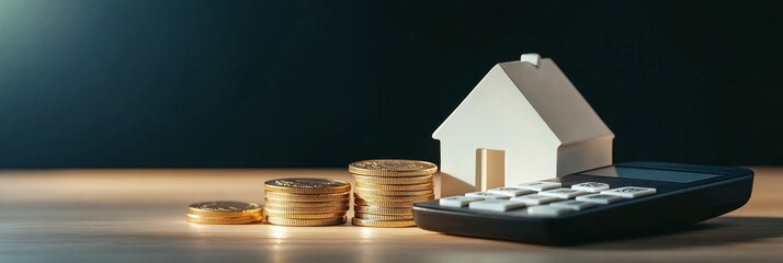 A calculator, stacks of coins, and a miniature house represent the financial planning and saving needed to achieve homeownership.